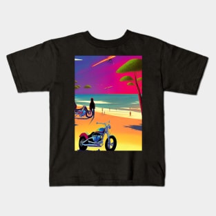 COOL RETRO BEACH GIRL WITH MOTORCYCLE Kids T-Shirt